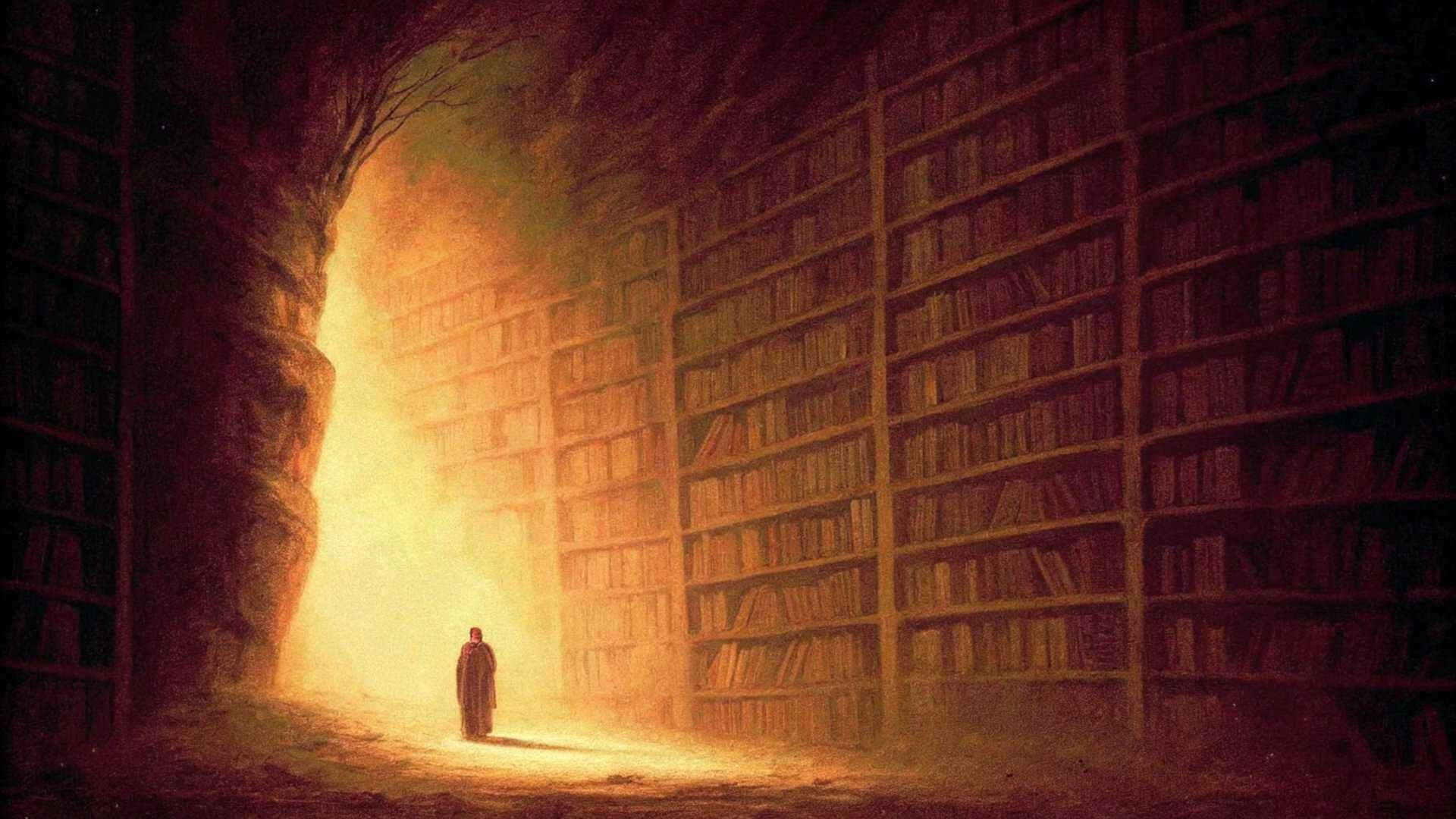 Page cover: a painting depicting an enormous underground library